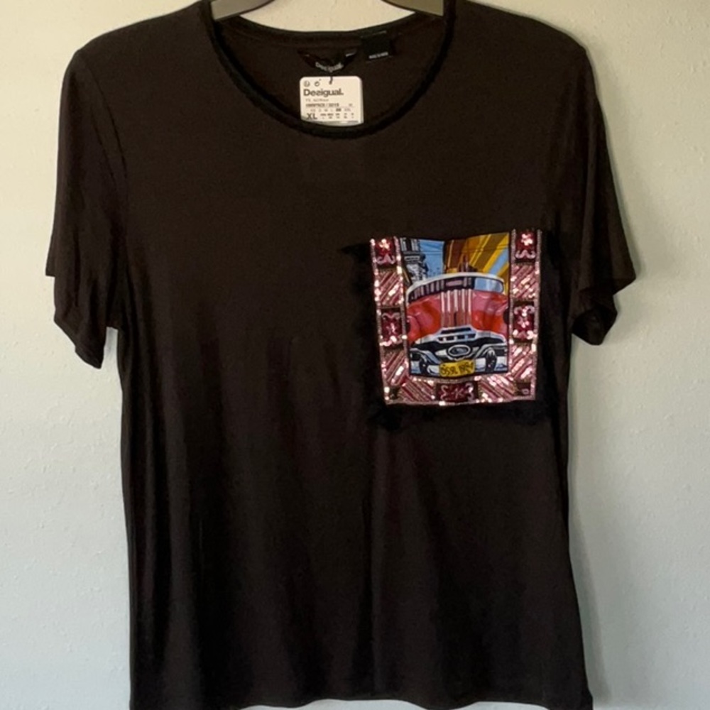Desigual Black T-Shirt with Colorful Pocket